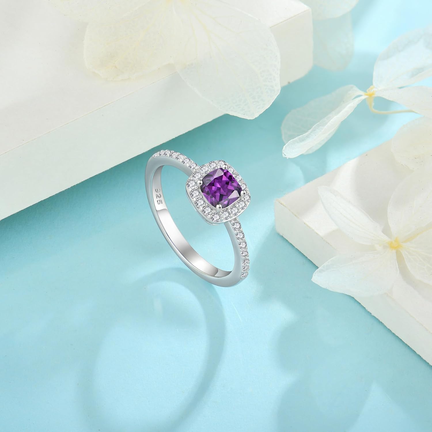 Promise Ring for Women 925 Sterling Silver Princess Cut Halo Birthstone Ring for Her Brides Wife Size 5-10