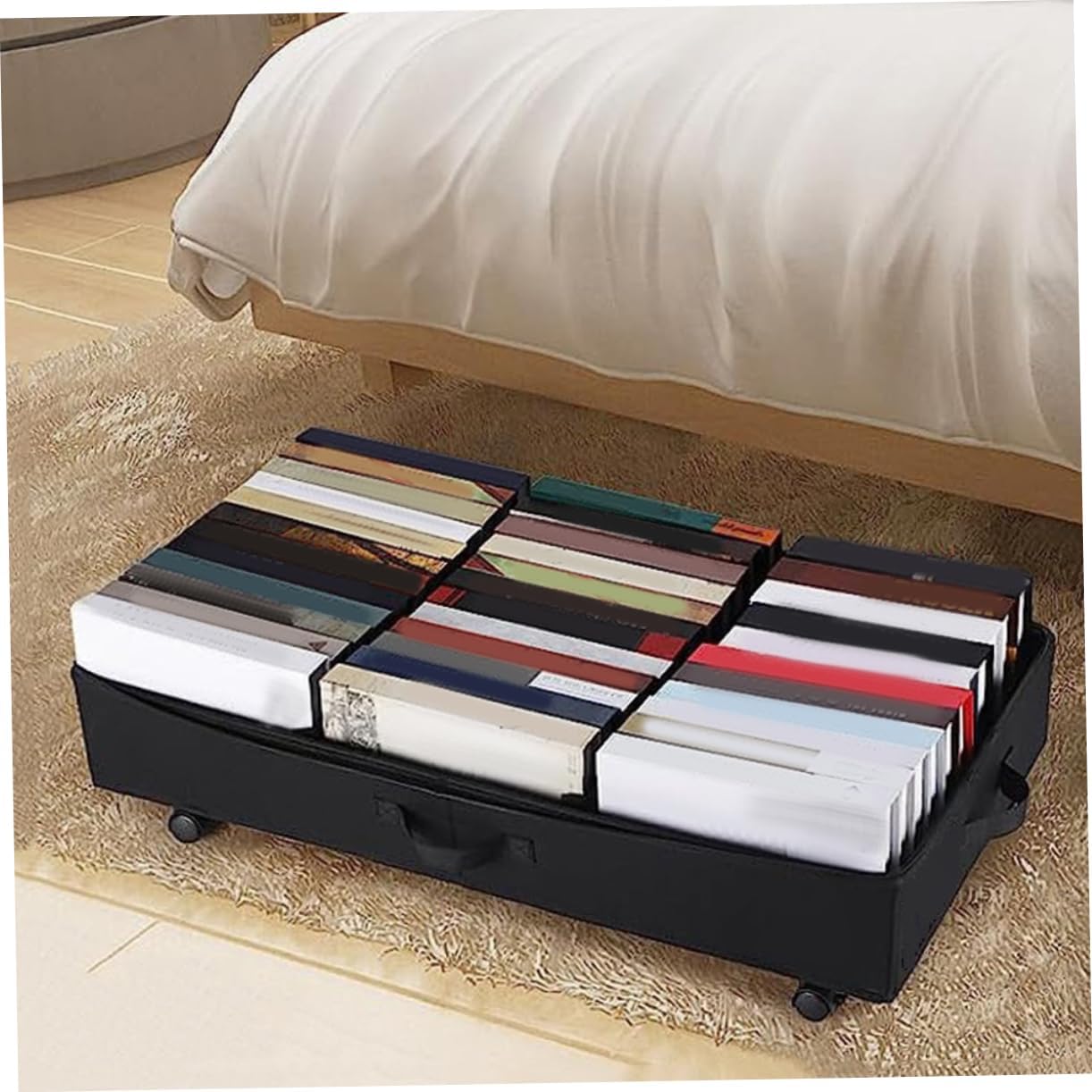 Large Capacity under Bed Storage Bag with Wheels Breathable Organizer for Quilts and Clothing Easy Mobility Visibility for Storage Black Oxford Cloth