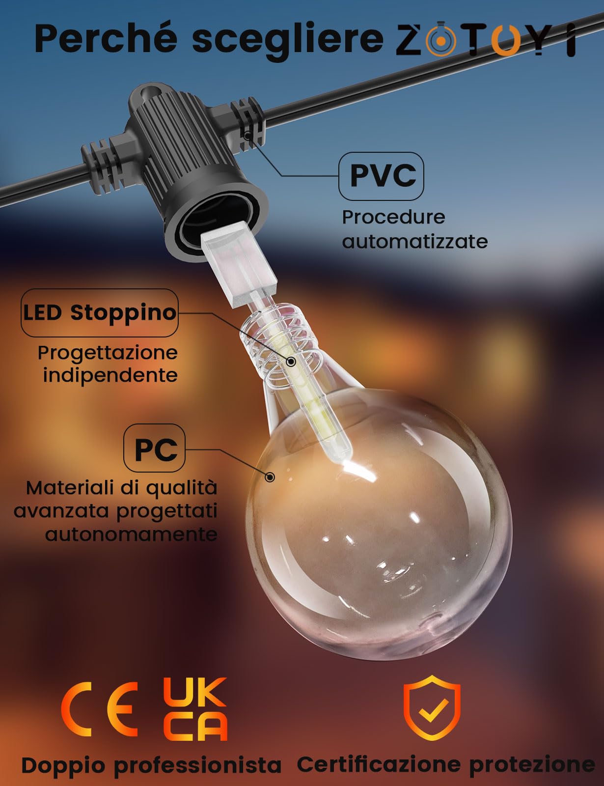 ZOTOYI 240FT/73M Catena Luci Esterno LED IP65 Impermeabile Anticaduta Risparmio Energetico Luce Calda Filo Rame Puro Connessione Multipla per Interni ed Esterni, 2x120FT