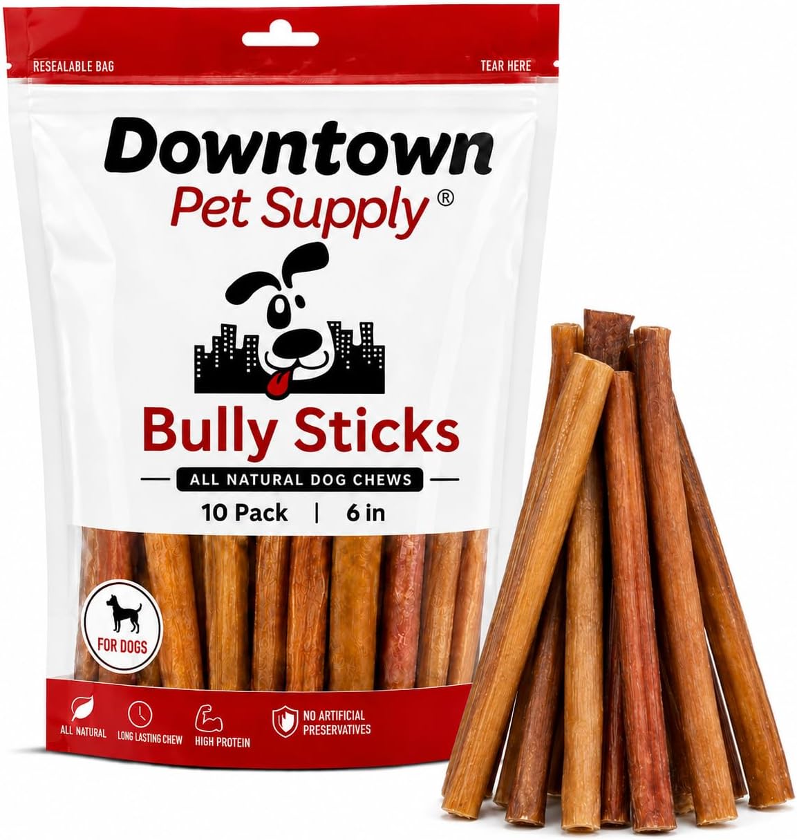 Downtown Pet Supply Bully Sticks for Dogs - Natural 6 Inch Beef Chews, Odor-Free & Rawhide-Free, Long Lasting Dog Treats for Aggressive Chewers - Healthy, Safe & Delicious Chews Dogs Love (10 Pack)