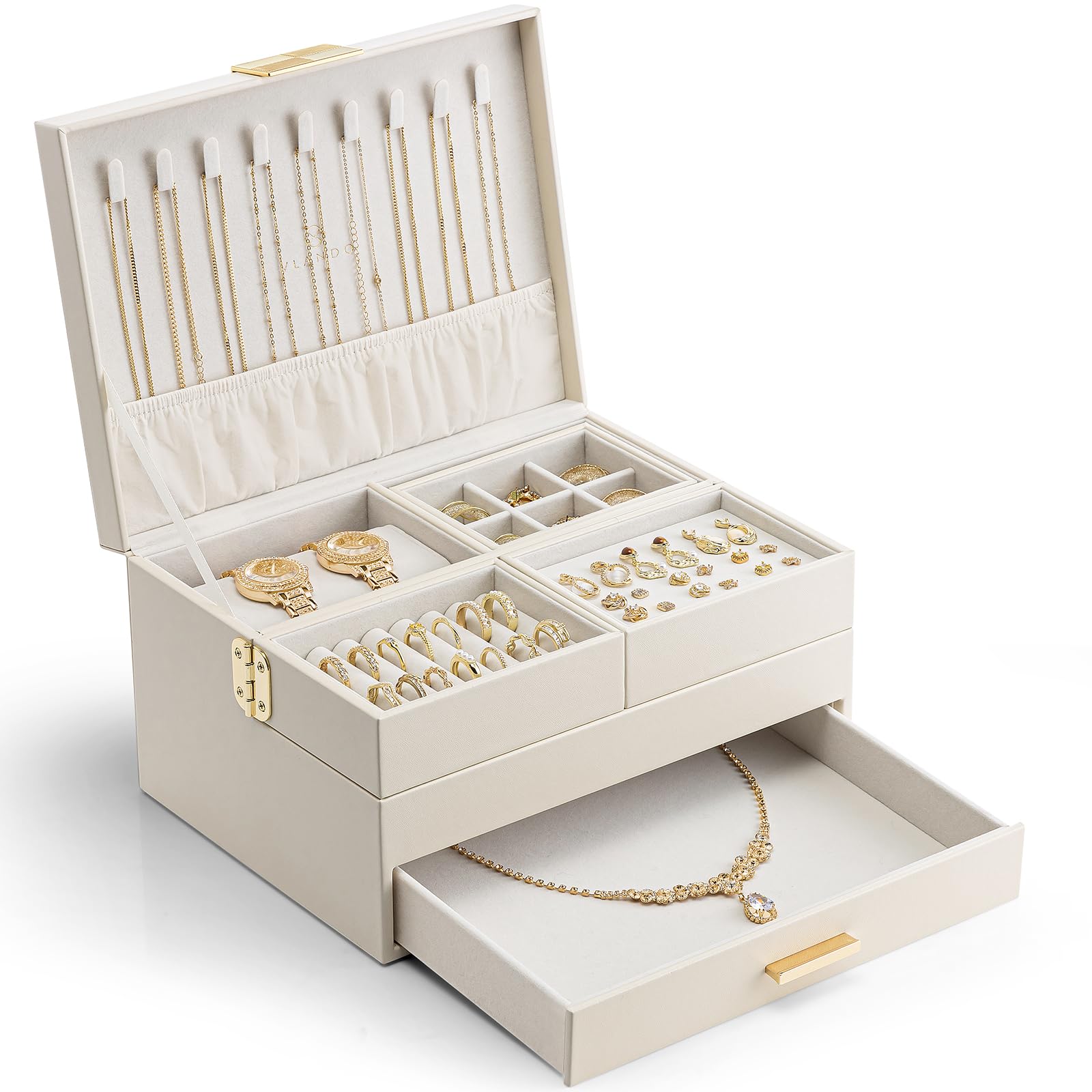 VLANDO Schmuckkästchen Groß für Damen Schmuckaufbewahrung mit ausziehbarem Tablett Schmuck Organizer mit Schublade für Halsketten, Ringe, Armbänder,Ohrringe, Mütter und Mädchen, Beige