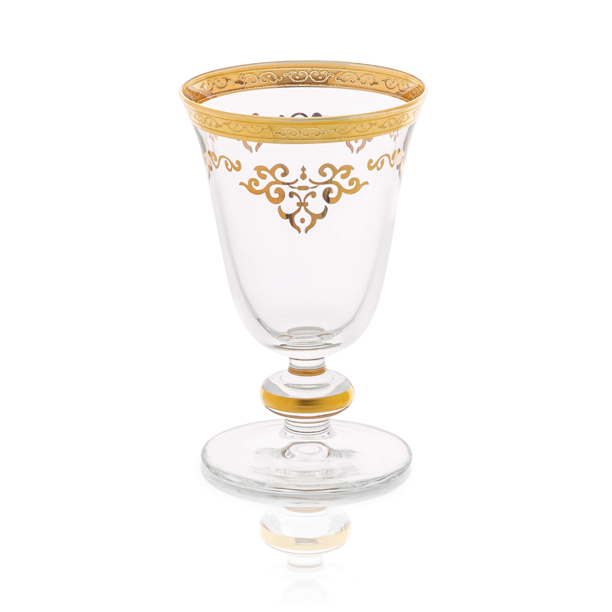 Short Stem Glasses with Gold Design on Base, Set of 6 Pieces, Fills 7 fluid oz.- Measures 5