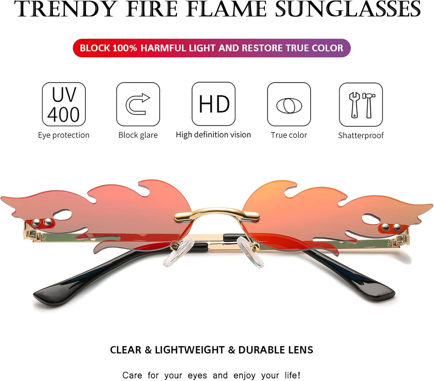 PORADAY Fire Flame Sunglasses for Women Men Trendy Retro Rimless Glasses Vintage Wave Fire Shaped Frameless Eyeglasses - Image 5