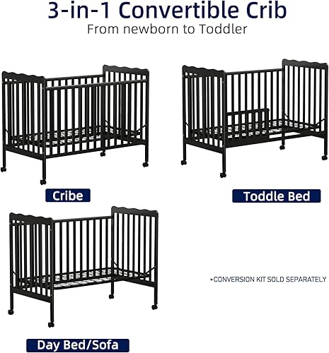 Miniatura 5 de Cuna de bebé, cuna convertible 3 en 1 de madera tamaño matrimonial con ruedas de bloqueo para muebles de guardería, acabado no tóxico (negro) Negro