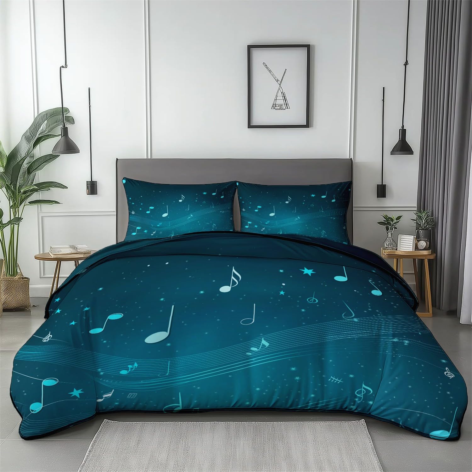 Poszwa na kołdrę 260 x 240 cm minimalne nuty muzyczne ciemnoniebieski zestaw pościeli dekoracyjny zestaw poszewek na kołdrę dla chłopca, dziewczyny, dziecka, nastolatka, sypialni