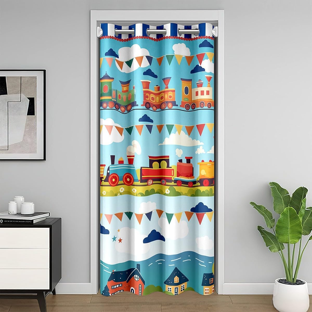 Colorful Trains Door Curtain Transport Vehicles Blackout Curtain for Closet Door Cartoon Choo-Choo Trains All Season Blackout Curtain Hand Drawn Style Door Drape 52" W X 84" L