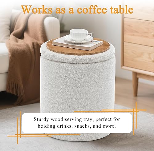 Miniatura 4 de YSICK Otomana redonda con almacenamiento, juego de 2, otomana pequeña con almacenamiento como silla de tocador, reposapiés otomano Sherpa beige para