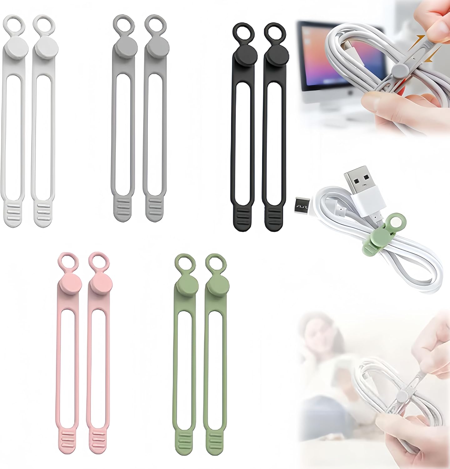 Data Cable Organizer, New Silicone Cable Ties Reusable Cable Management Organizer, 106mm Multipurpose Elastic Cord Organiz for Bundling and Fastening Colorful Wire Organizers (Color 20Pcs)
