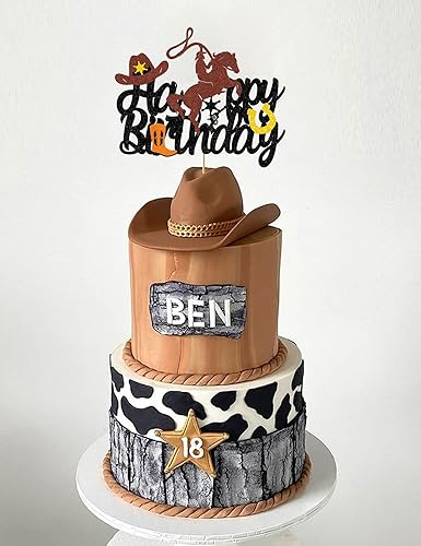 Miniatura 5 de Decoraciones y decoraciones para tartas de vaquero de feliz cumpleaños occidental, suministros para fiestas temáticas de vaquero con purpurina