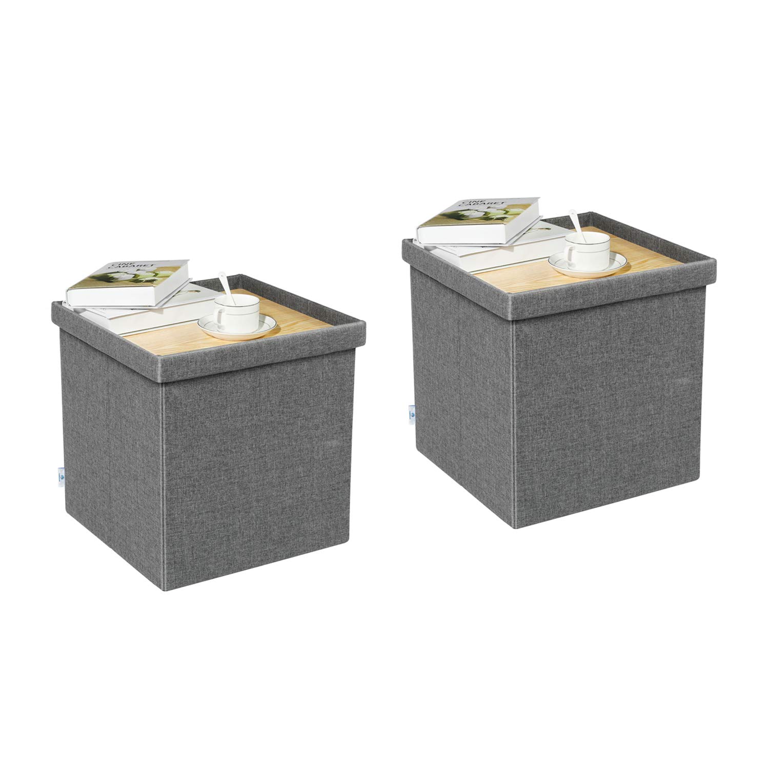 B FSOBEIIALEO Storage Ottoman with Tray, Linen Small Coffee Table Folding Foot Rest Seat Cube, Dark Grey 16"X15.7"x15" Double (2 Pack)