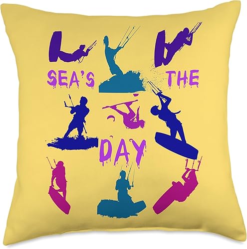 Kitesurfer Silhouette Pattern with Seas The Day Quote 5 Throw Pillow, 18x18, Multicolor