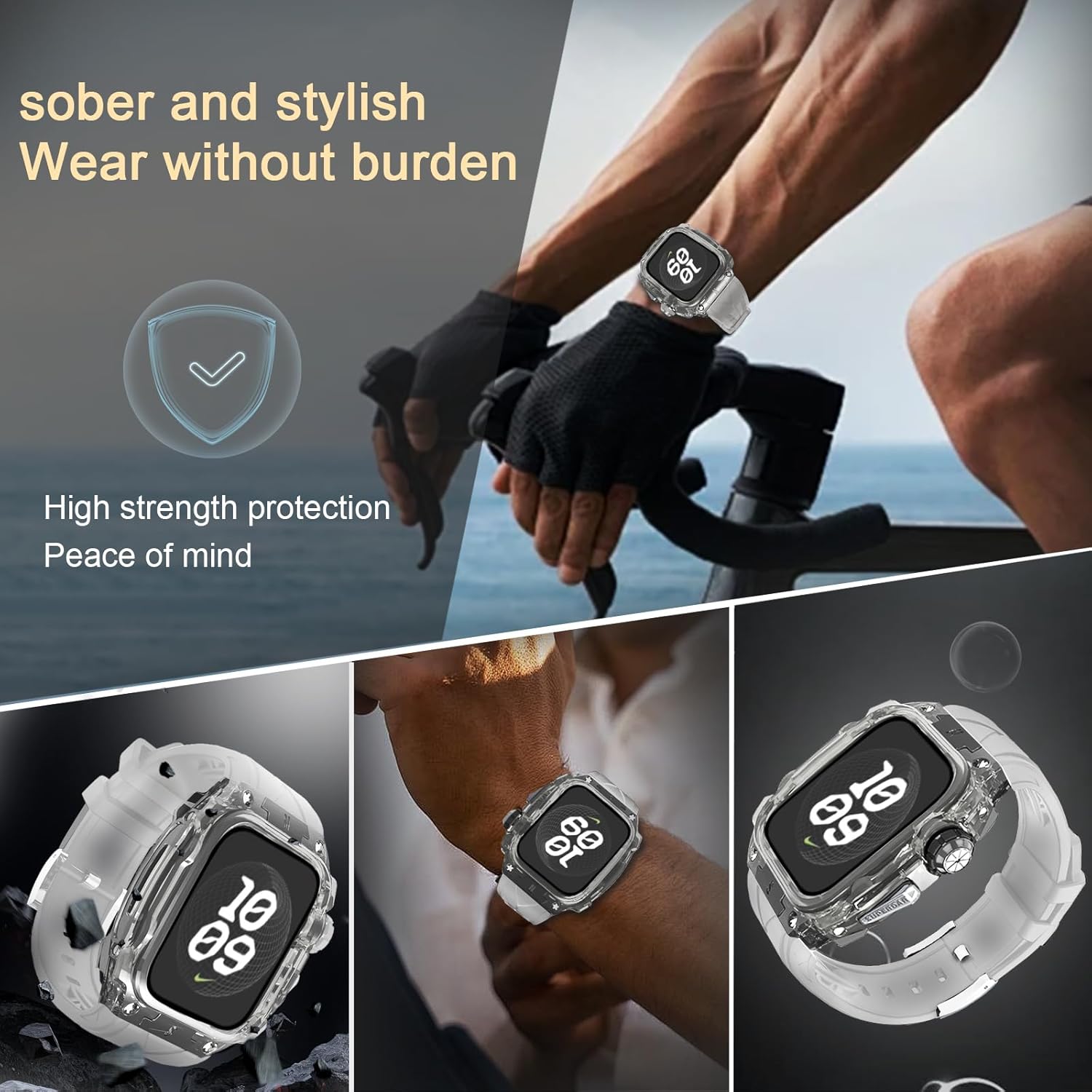 Transparent Designer Rugged Case with Band Compatible with Apple Watch 46mm Bands, Luxury Crystal Clear Military Protective Cover Bumper Tactical for iWatch Series 10 46mm (2024) Men Women Strap