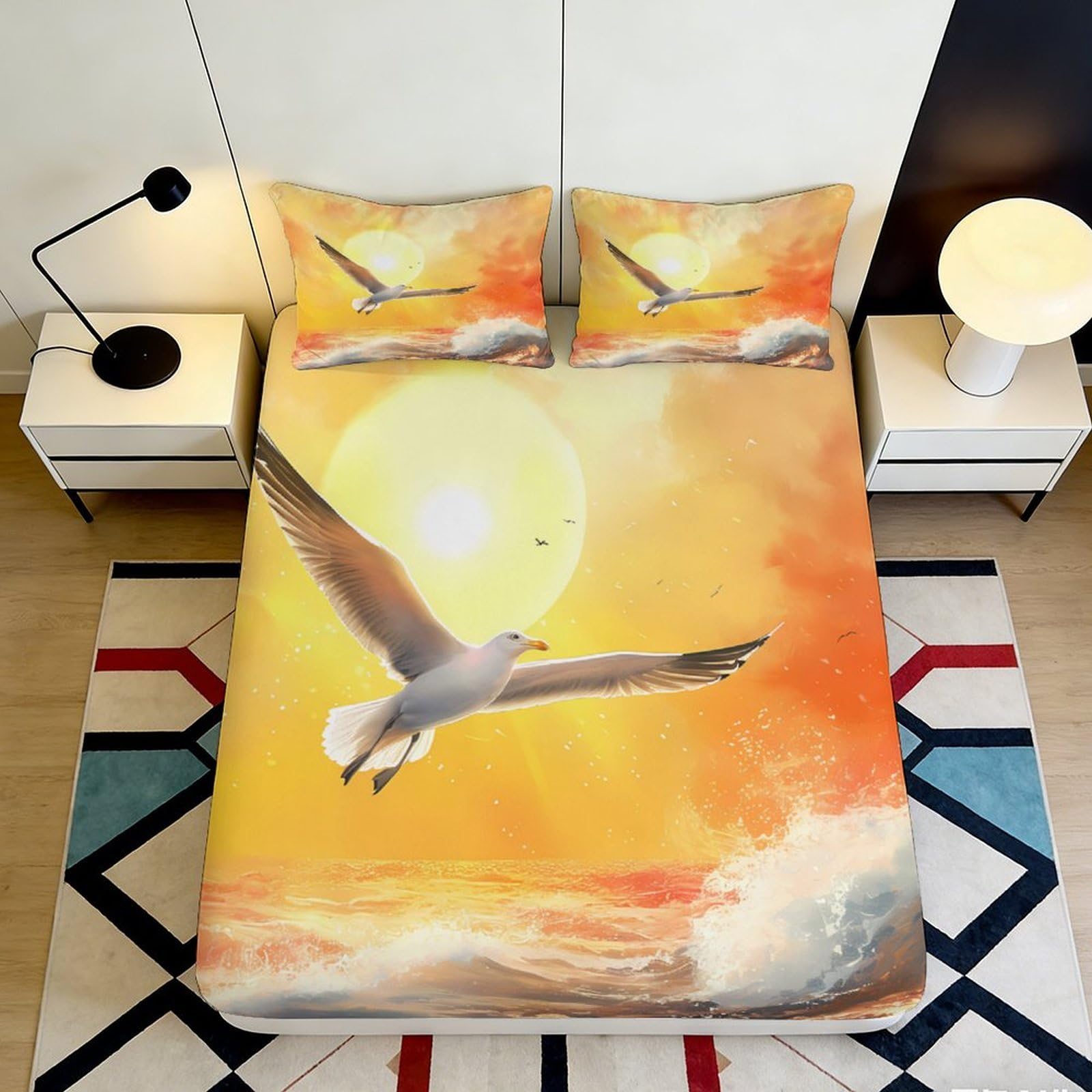 Pnayamiorkfel Style-1 3D Printed Sunrise Seagull Fitted Sheet Microfiber Soft Ocean Wave Mattress Cover Bedroom Decor Anti-Slip Washable 90X200x25cm