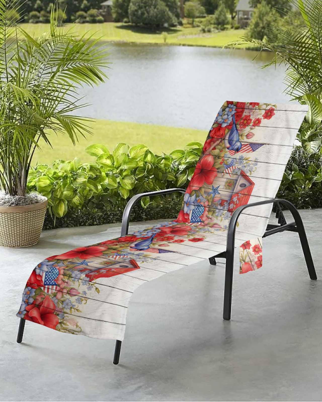 Spring Summer Flower Birds Beach Chair Towel Covers for Chaise Lounge with Side Pocket, Soft Plush Pool Towels Cover for Patio Sunbathing Outdoor 29''x85'' 4th of July Farmhouse Red Floral