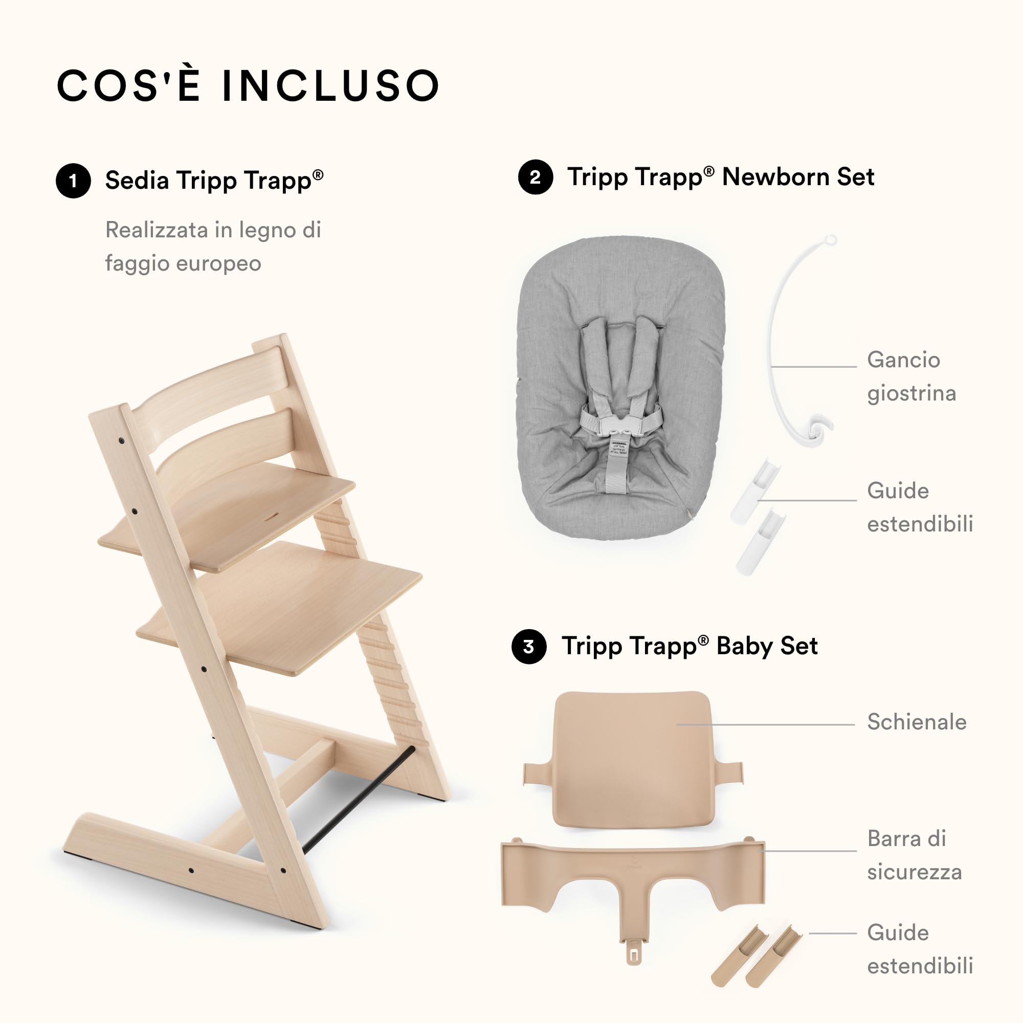 Seggiolone Tripp Trapp di Stokke, Natural (Include Sedia + Baby Set 2) con Newborn Set - Design Sicuro, Regolabile, Ergonomico