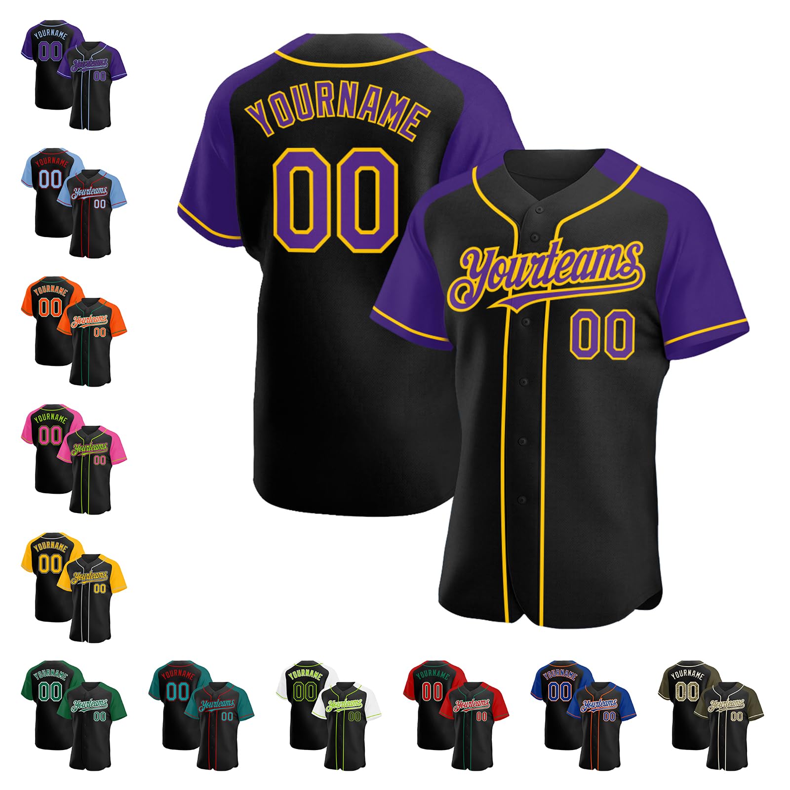 Custom Softball Jersey Button Down Personalized Baseball Jersey Shirt Stitched Team Name Number Logo for Men Women Youth, Black Purple Two Tone Raglan Short Sleeve Sport Fan Jersey with Yellow Piping