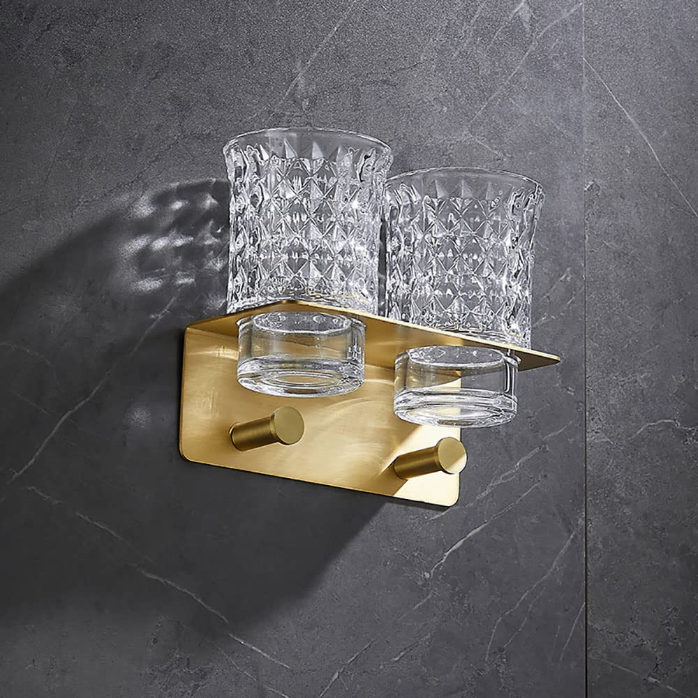 Porta spazzolino da denti a parete, Bicchiere in vetro da parete in ottone con portaoggetti for dentifricio, contenitore for bagno 2 ganci, oro spazzolato