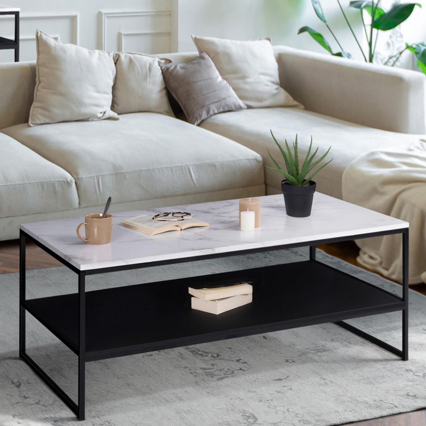 IDMarket - Tavolino con doppio piano, effetto marmo e legno nero, base in metallo ALASKA