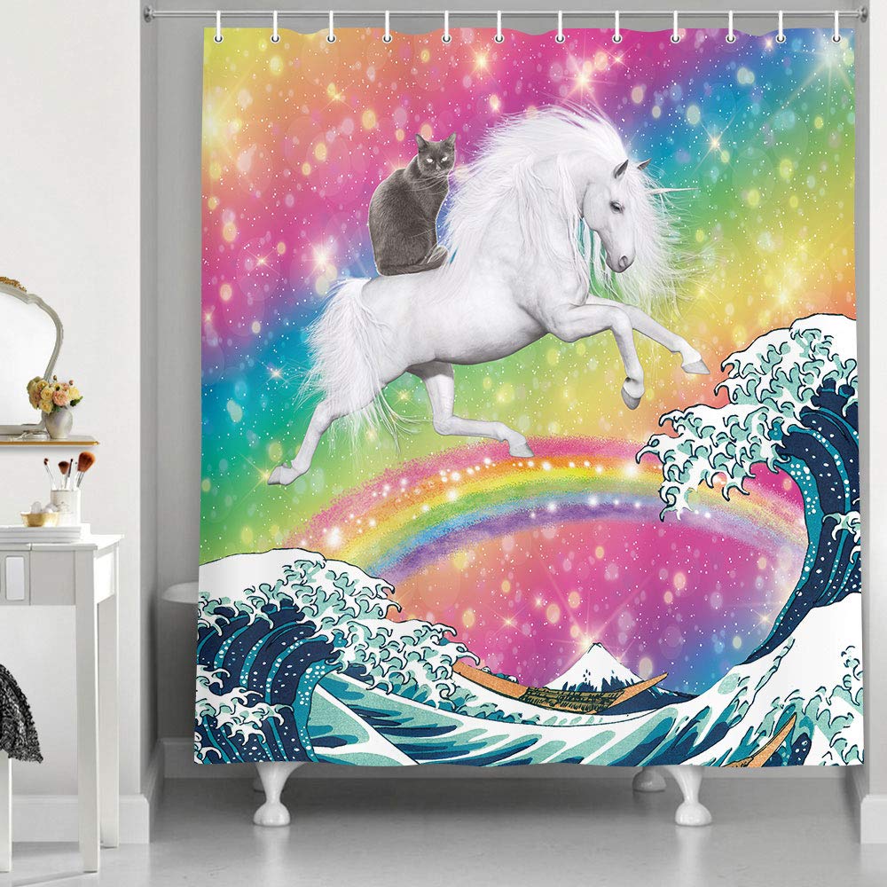 JAWO Lustiger Katzen-Duschvorhang – Katze Reitet Auf Hai, Ozean-Design, Polyester, Inkl. Haken, Für Badezimmer-Deko