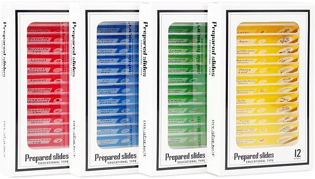 48 Pack Prepared Microscope Slides with Specimens Set of Animals Insects Plants Flowers, Biological Learning Resource Specimens for Kids Beginner Classroom Basic Science Education