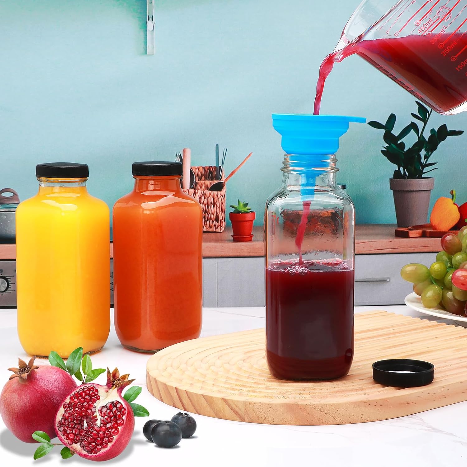 16oz Glass Juice Bottles with Lids,Clear Water Bottles,Glass bottles with lids,Reusable Drinking Jars with Silicone Funnel for Milk,Juicing,Juice（12pack）