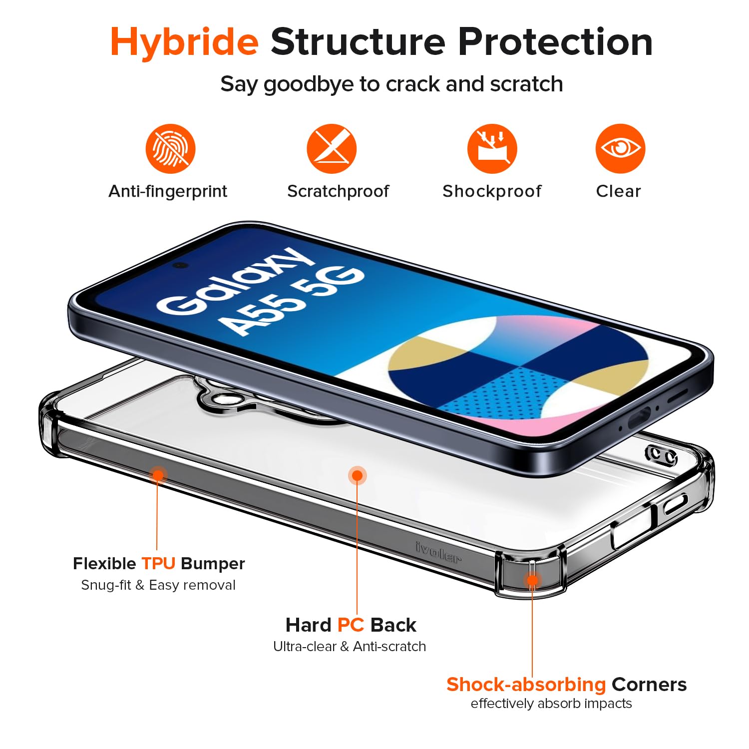 iVoler Anti Ingiallimento Chiaro Cover per Samsung Galaxy A55 5G con 2 Pezzi Vetro Temperato, Custodia Antiurto Trasparente per Assorbimento degli Urti con Paraurti in TPU Morbido Sottile Case (Nero)