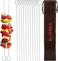 Klyphex 12-Inch Stainless Steel Square BBQ Skewers, 12-Pack Reusable Kabob Sticks with Angled Tip, Hook Handle & Storage Bag