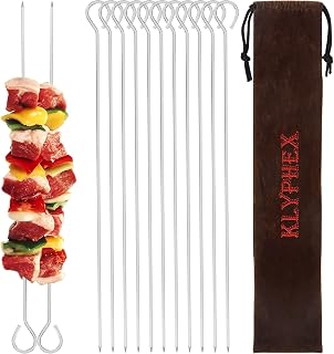 Klyphex 12-Inch Stainless Steel Square BBQ Skewers, 12-Pack Reusable Kabob Sticks with Angled Tip, Hook Handle & Storage Bag