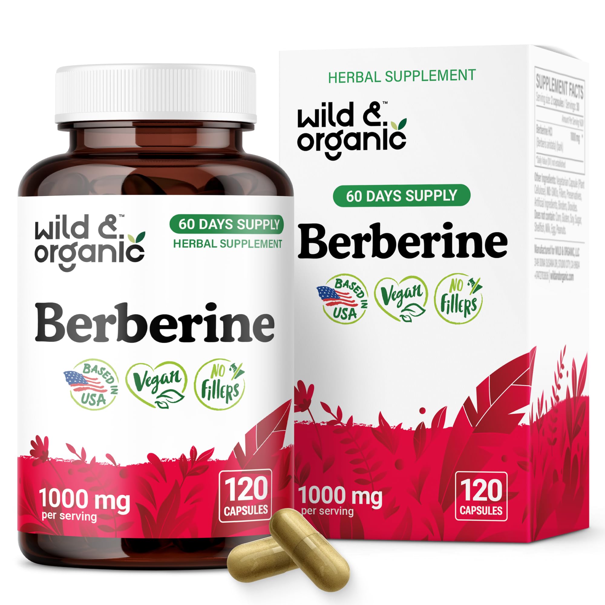 Wild & Organic Berberine Supplement Capsules 1000 mg - Antioxidant & Overall Support - Berberine HCL Powder - 60 Days of Supply - Berberis Aristata