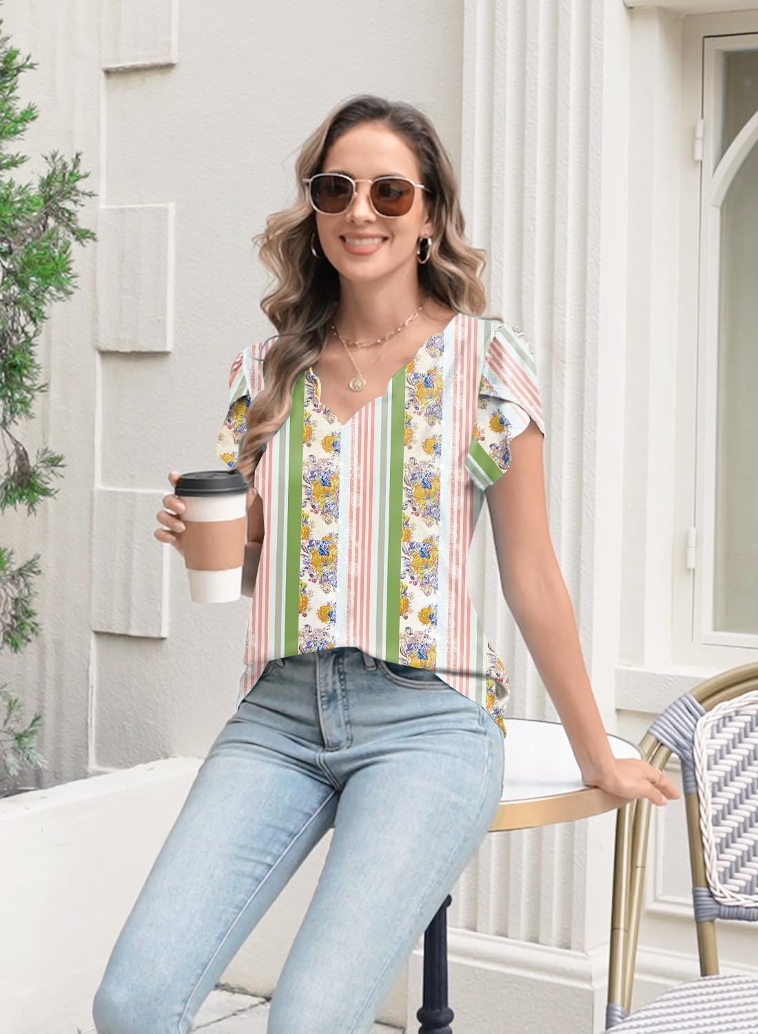 Womens Summer Tops Seashell Edge V Neck Shirts Petal Short Sleeve Top Dressy Casual Tunic Blouses - Image 3