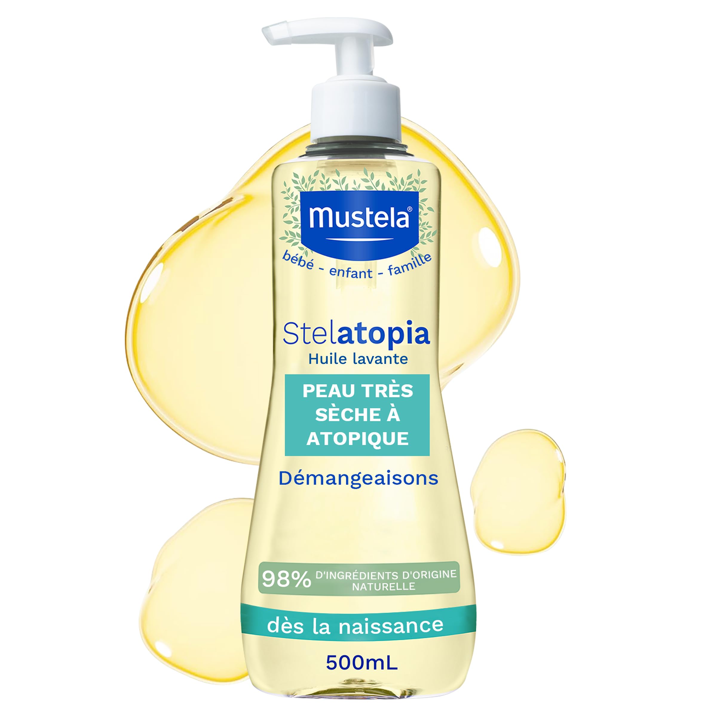 Mustela - Huile Lavante Stelatopia au Tournesol BIO - Nettoyage Doux pour Peaux très Sèches ou à Tendance Atopique - 98% d'ingrédients d'origine naturelle - Huile Lavante Bébé et Famille Flacon Pompe