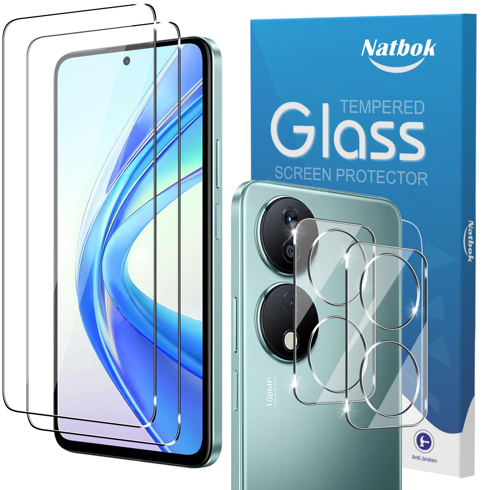 Natbok2+2 Pack Tempered Glass for Honor X7b 5G Screen Protector & Camera Lens Protector,9H Hardness,Ultra Resistant,Anti-Fingerprints,No Bubbles,HD-Clear Phone Film for Honor X7b 5G