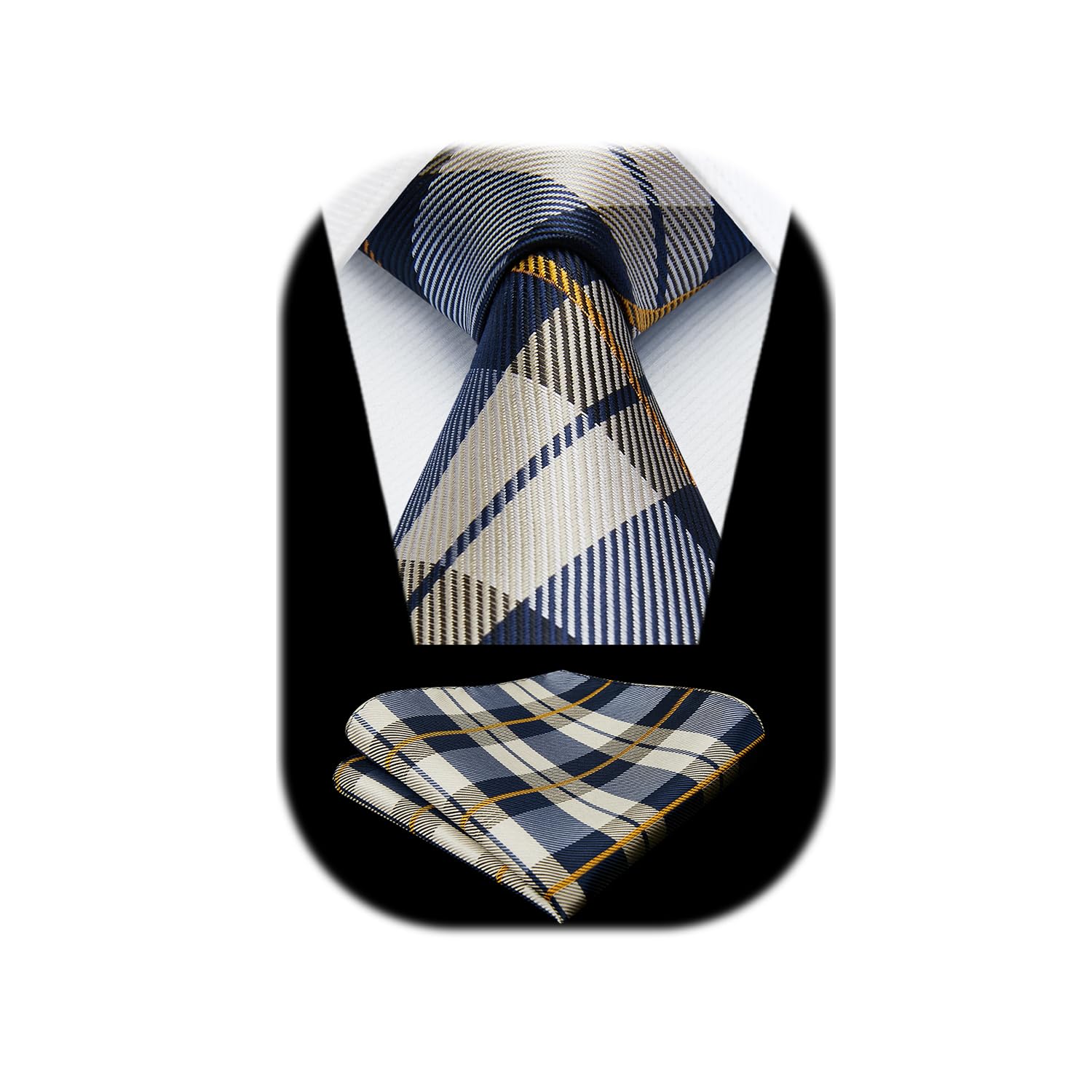HISDERN Men's Plaid Tie and Pocket Square Set Formal Elegant Check Ties for Men Wedding Business Necktie with Handkerchief Brown & Navy Blue Neckties