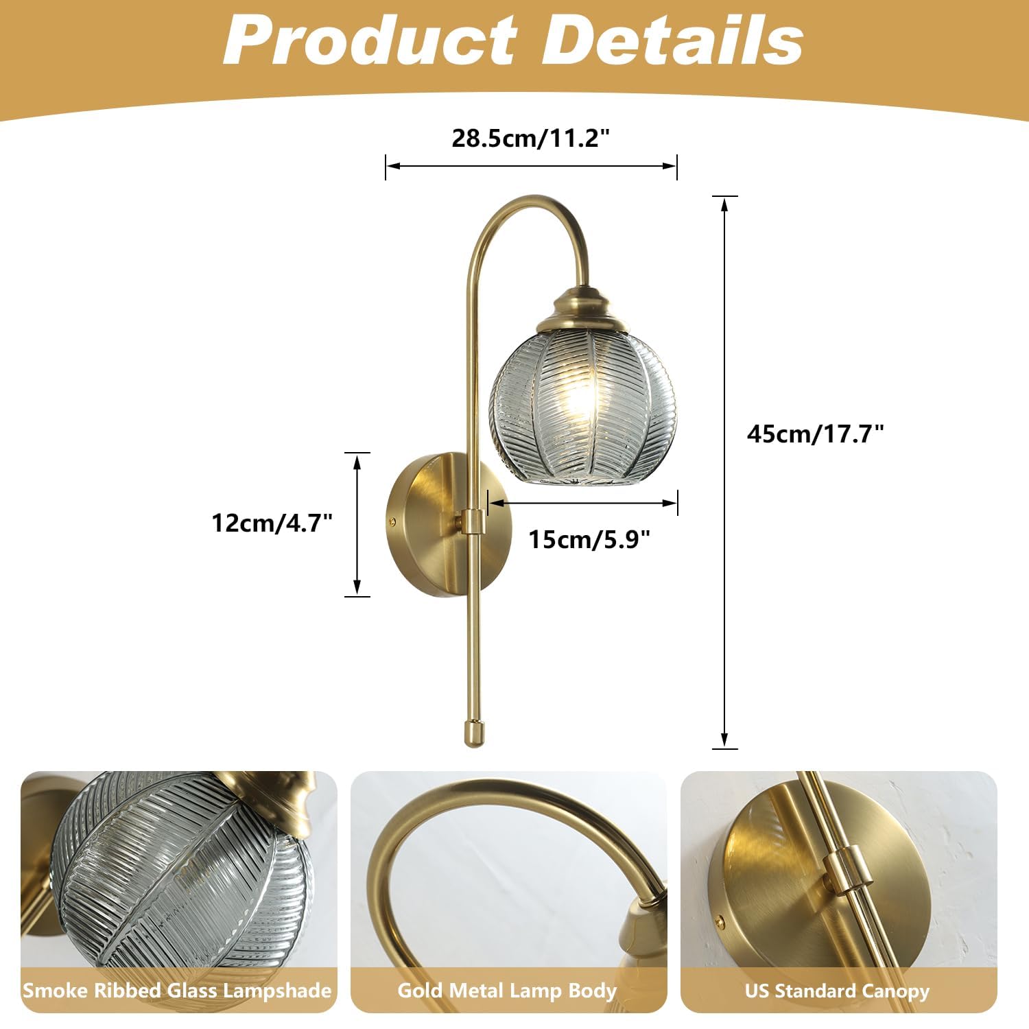 KCO Lighting - Juego de 2 apliques de pared de cristal ahumado vintage de mediados de siglo, juego de 2 apliques de pared modernos de globo de arco largo