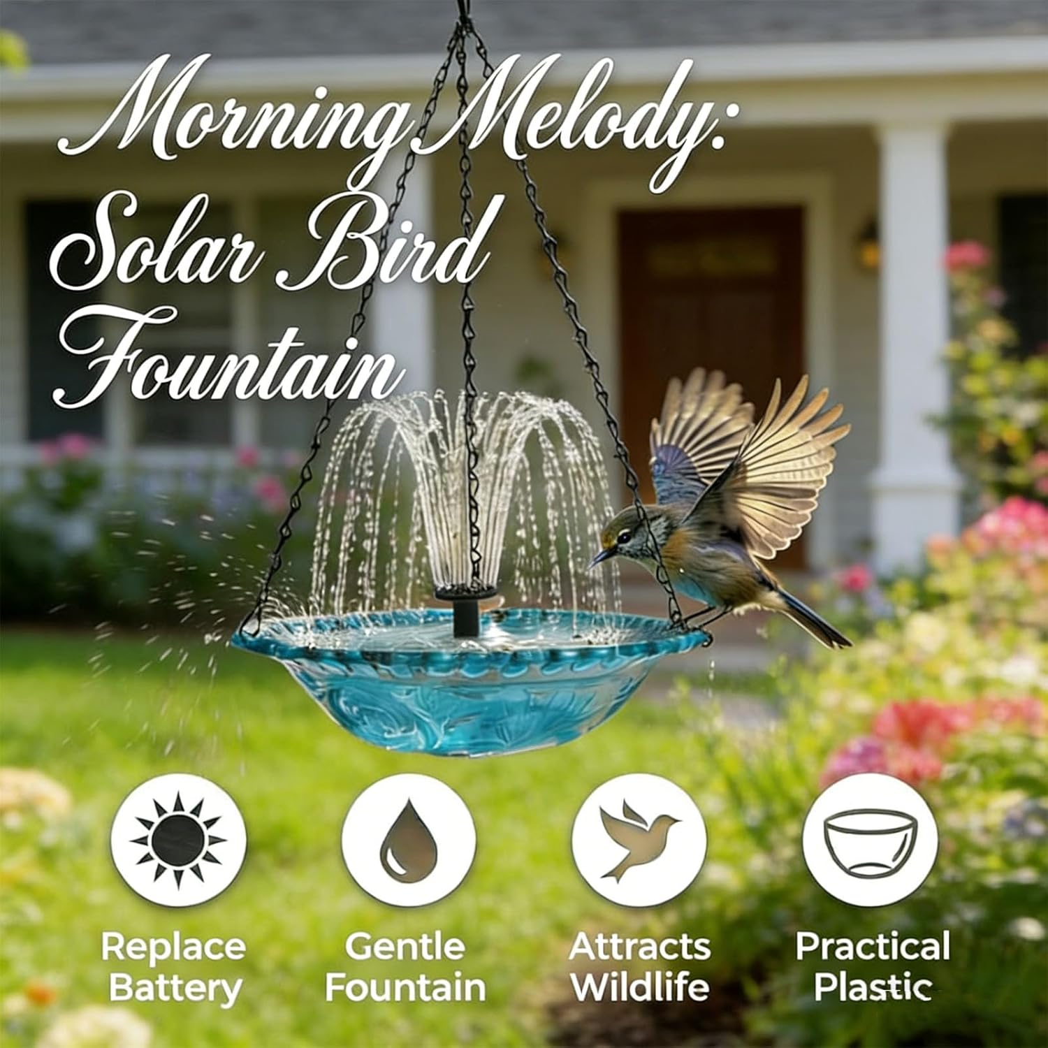 Solar Cascade Hanging Bird Bath Fountain, Solar Powered Bird Bath with 7 Nozzles & Transparent Bowl, Waterproof Hanging Birdbath for Garden Patio Backyard, Attracts Wild Birds & Hummingbirds (Blue)