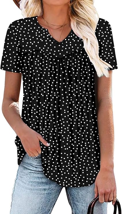 KISSMODA Tops for Womens Summer Cute Short Sleeve Shirts Trendy Notched Neck Blouses Casual Loose Pleated Tunics S-3Xl