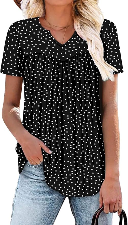 KISSMODA Tops for Womens Summer Cute Short Sleeve Shirts Trendy Notched Neck Blouses Casual Loose Pleated Tunics S-3Xl