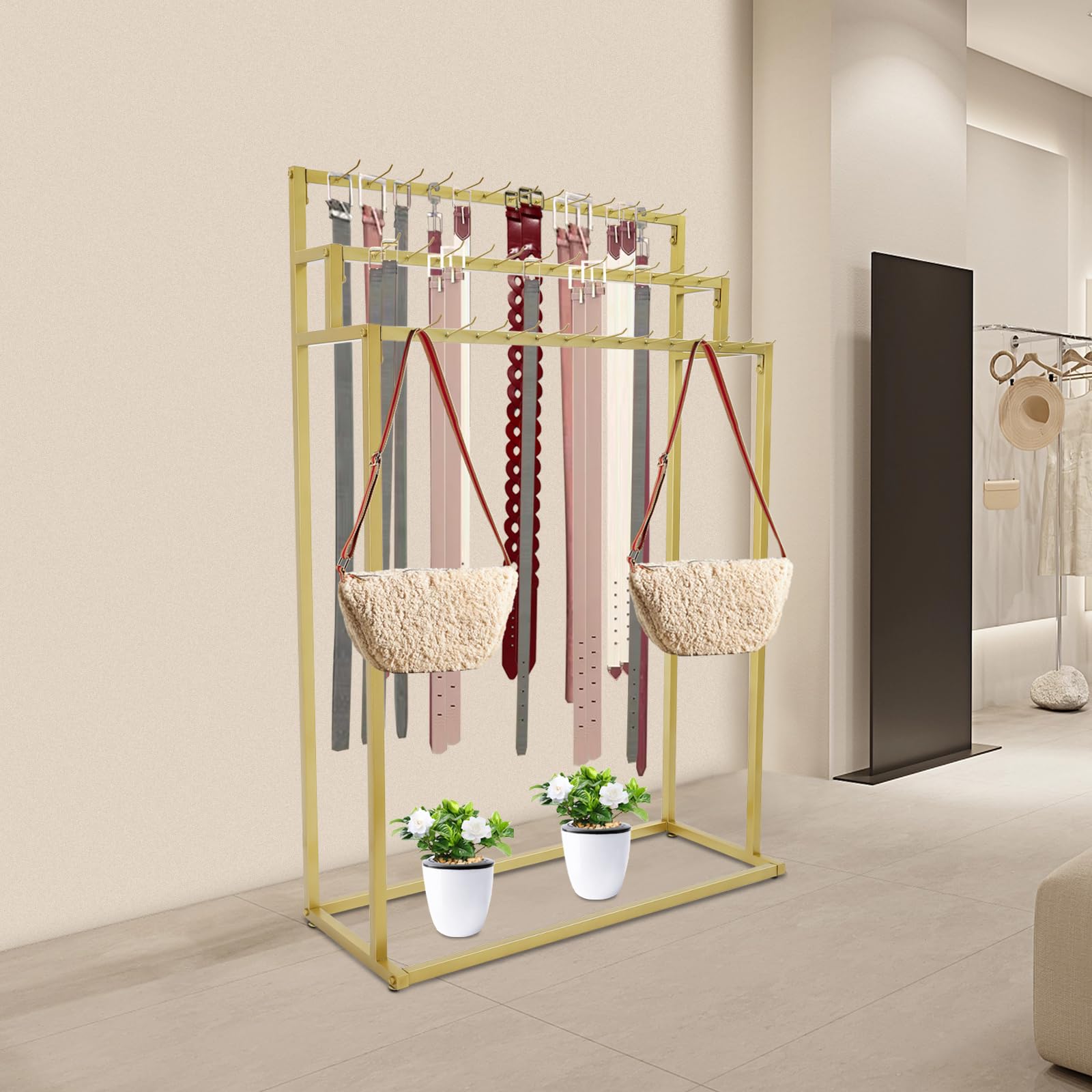 pijopang Floor Mounted Belt Hanger, Metal Men Closet Display Stand Organizer Ties Scarf Rack Shawls Purse Shelf for Clothing Retail-Gold