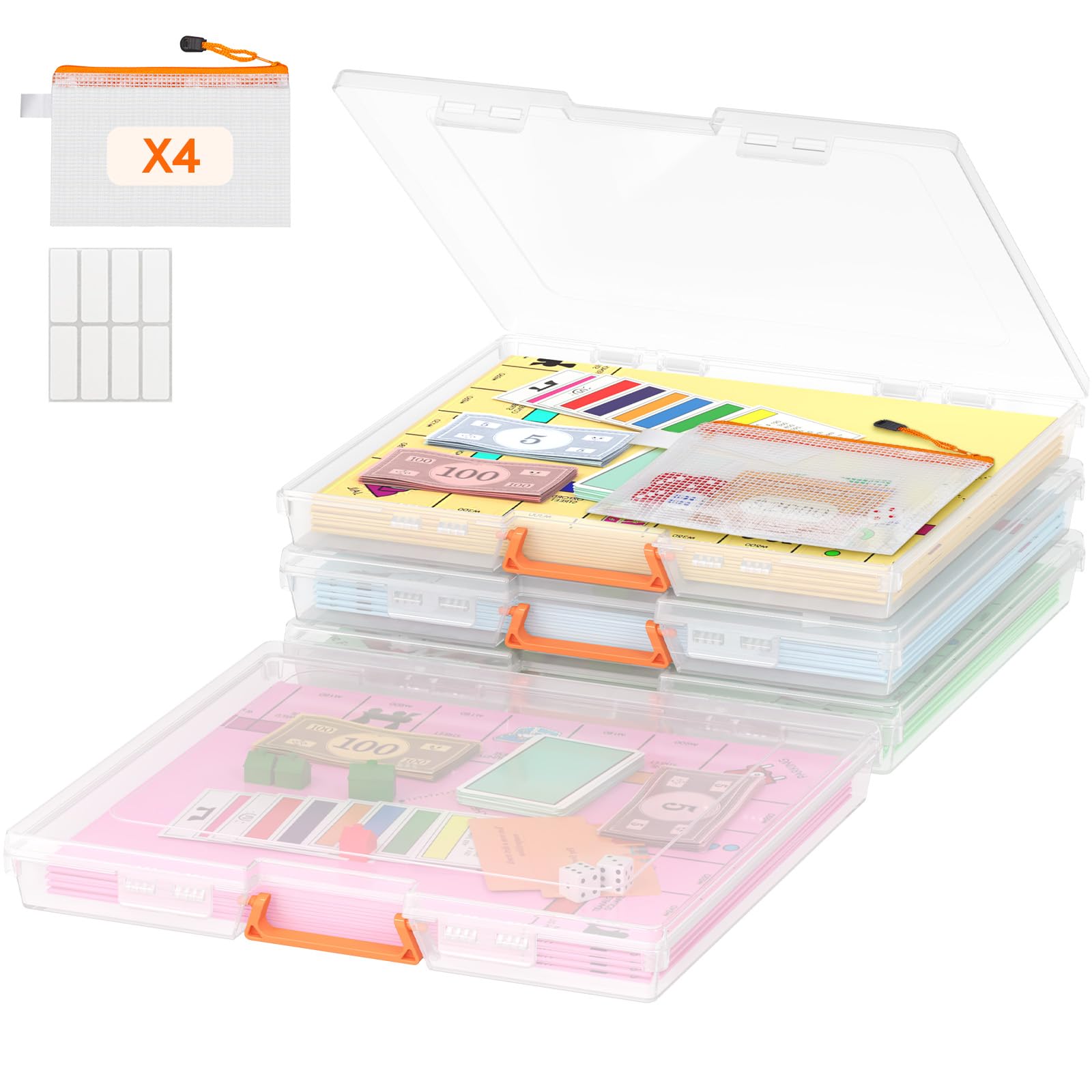 Lifewit 13" x 12.2" Paper Storage Boxes, Board Game Container with Secure Latch, Plastic Portable Organizer with Handle & Labels for File,Document,Craft,Puzzles, Cards, Art Supplies,4 Pcs