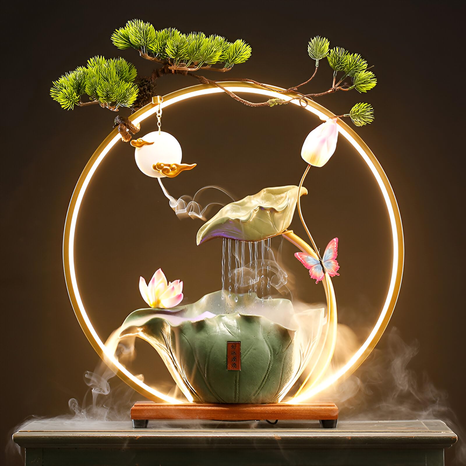 Fontanna stołowa do wnętrz, dekoracyjny wodospad, ceramiczna, motyw: lotos, ryba, z oświetlenie LED, aromaterapia, Feng Shui, Zen, do biura