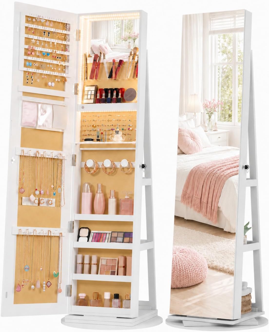 Vlsrka LED Mirror Jewelry Cabinet, Lockable Jewelry Armoire Cabinet Standing, Rotatable Full Length Mirror with Storage, Interior Mirror, Foldable Makeup Shelf, Beige Lining, White
