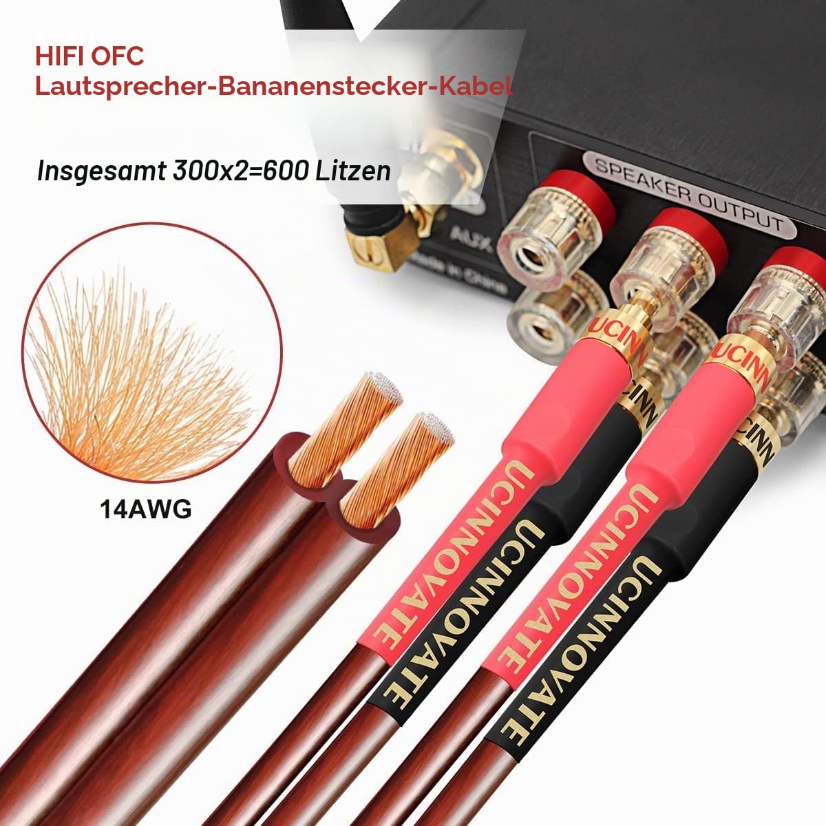 HiFi-OFC-Lautsprecherkabel mit Bananenstecker, 2X 3m, vergoldete Bananenstecker, männlich auf männlich, 600 Stränge, 14 AWG, für Audio-Lautsprecher, HiFi-Systeme, Heimkino (3 m)