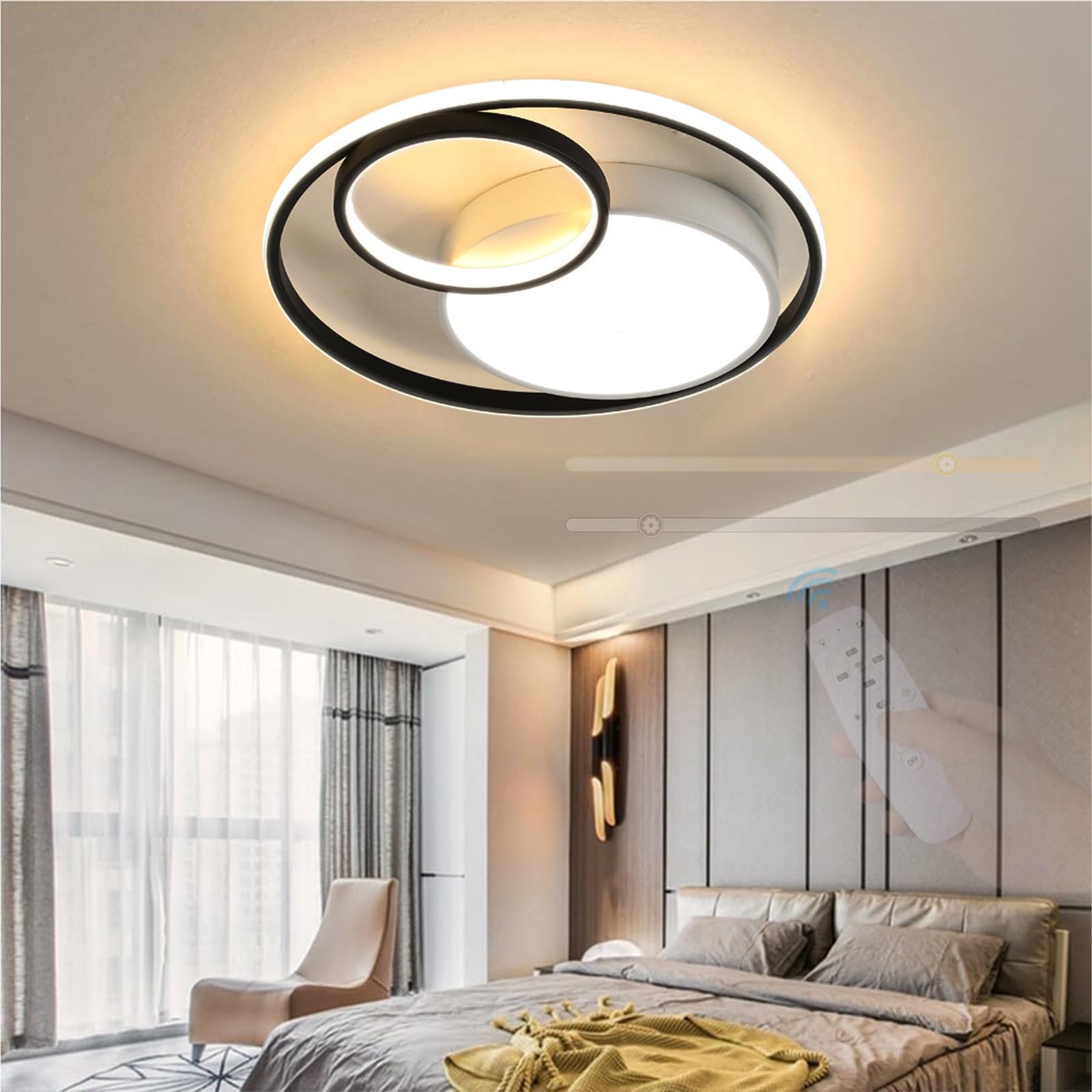 Ściemnialna lampa sufitowa LED z pilotem metalowa akrylowa lampa sufitowa nowoczesne okrągłe oświetlenie sufitowe do sypialni salonu biura 3000 K-6500K (czarny + biały, 40 cm)