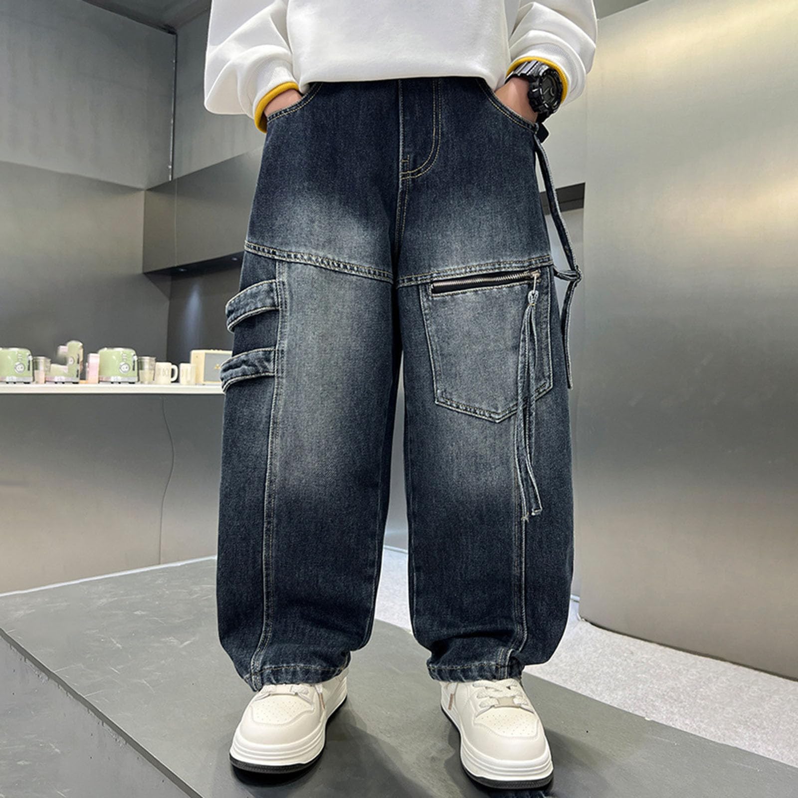 Generico Jeans Ragazzo-Pantaloni Casual in Denim per Ragazzi, Gamba Dritta, vestibilità Ampia, Pantaloni a Gamba Larga, Moda Autunnale, Comodo Misto