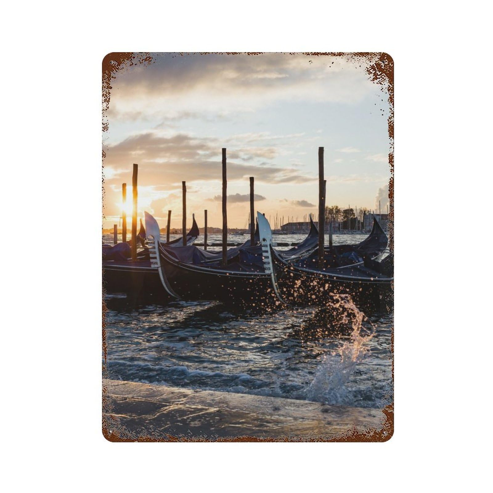 Gondolas Sunrise Venice Rusty Metal Tin Sign 15.7"x11.8", Ideal for Pub, Kitchen And Man Cave Decor