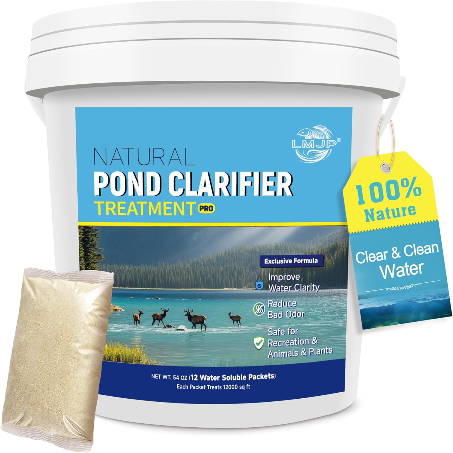 Pond Clarifier Treatment – 12 Packets Natural Pond Water Clear for Outdoor Lakes – Beneficial Enzymes to Improve Water Clarity & Eliminate Odor – Treats Up to 144000 Sq Ft