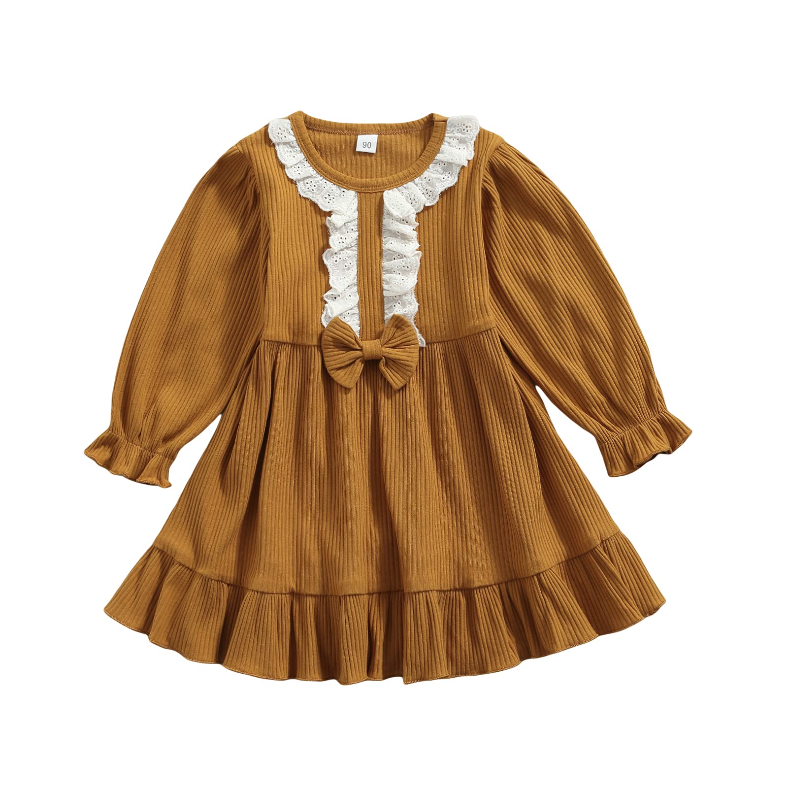 Mioliknya Toddler Baby Girl Ribbed Knit Dress Solid Color Ruffle Bowknot Puff Long Sleeve Dresses Fall Cute Dresses