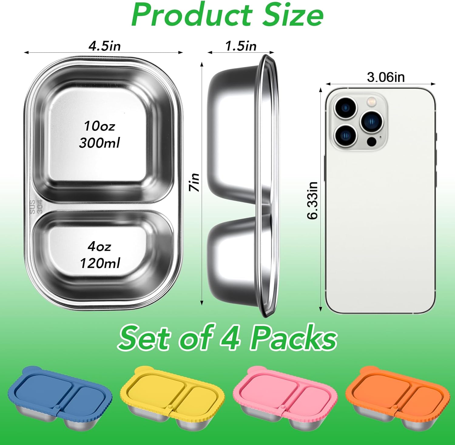 Juome 4 Pack Stainless Steel Snack Containers with Silicone Lids - Reusable 2 Compartment Snackle Box Container, Leak-Proof Food Storage Containers Lunch Box for School, Home, Office, Travel