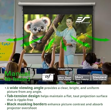 Elite Screens Manual Tab-Tension 3, 125-INCH with Extra 10 Drop, Pull Down Projector Screen Home Movie Gaming Presentations ISF Certified Premium CineWhite P Material, MT125XWH3-E10