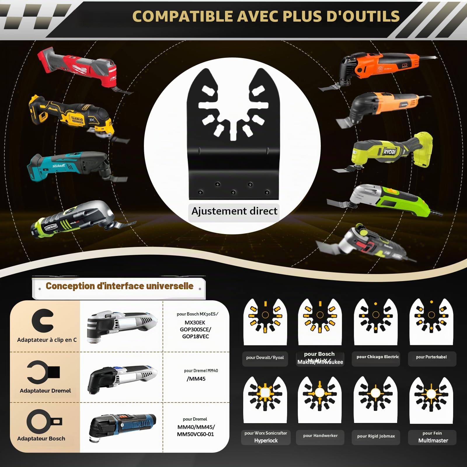 Set de 31 lames multi-outils, ensemble d'accessoires pour outils multiples pour bois, plastique, métal, set de lames oscillantes compatible avec Einhell Makita DTM51Z Dremel Parkside Bosch et